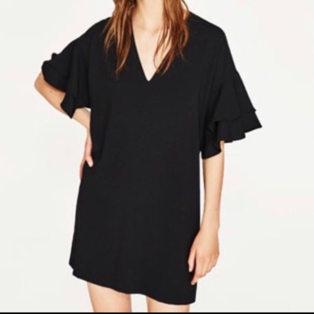 Zara Woman Oversized Fall Boho Chic Casual Ruffle Sleeve Mini‎ Dress Black